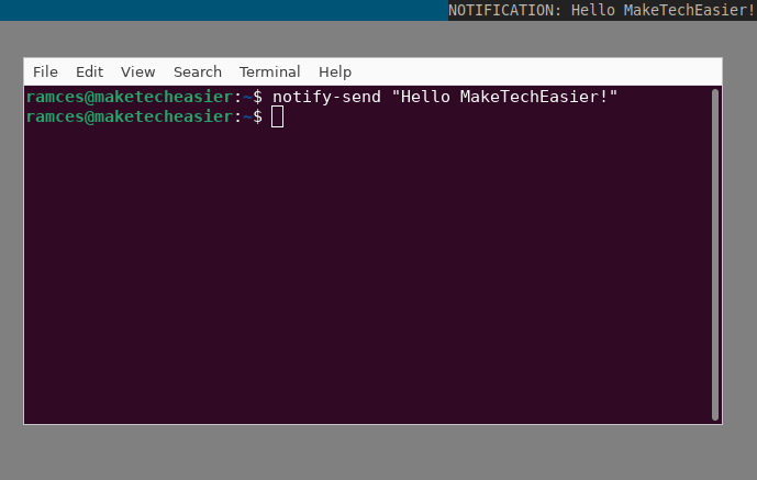 A terminal window showing statnot running and showing a custom notification.