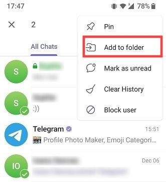 "Add to folder" option in Telegram for mobile.