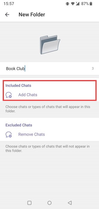 "Included Chats" options in Telegram for mobile.