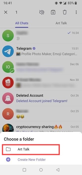 Selecting destination for chat in Telegram for mobile.