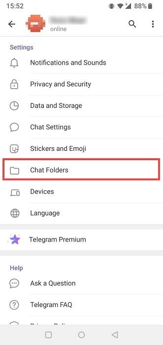 Chat Folders option in Telegram app.