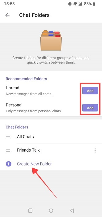 "Create New Folder" button in Telegram app.