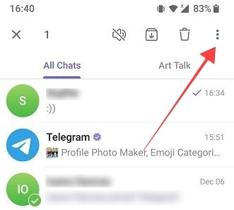 Selecting a chat and tapping three-dots in Telegram app.