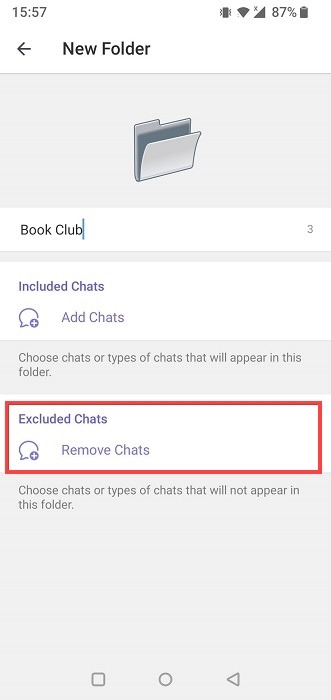 Remove conversations from Chat Folder in Telegram for mobile.