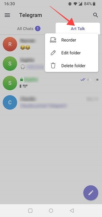 Long-pressing on folder to reveal more options in Telegram app.
