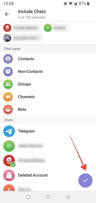Add included chats to folder in Telegram for mobile.