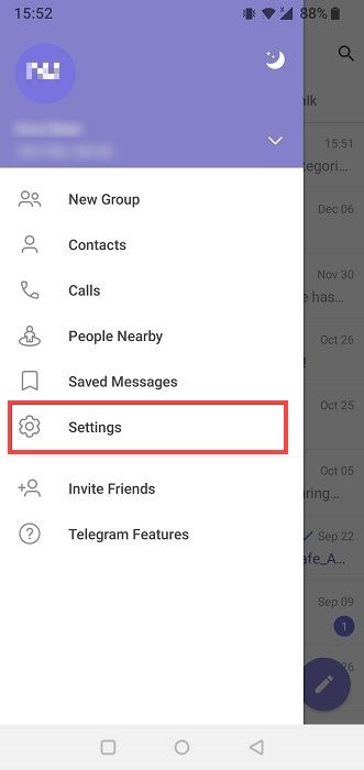 Settings options in Telegram app.