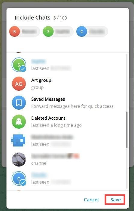 Select conversations for Chat Folder in Telegram for desktop.