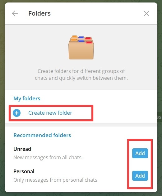 "Create new folder" option in Telegram for desktop.