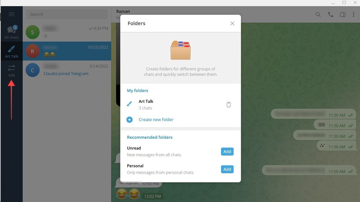 Edit Chat Folders in Telegram for PC.