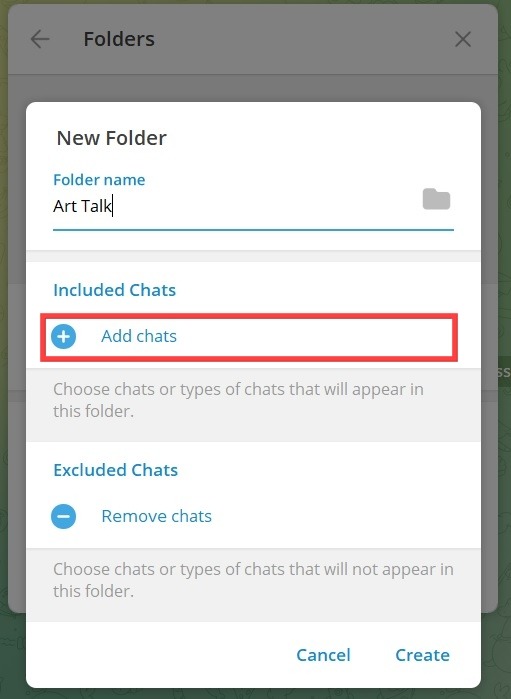 "Add chats" to Chat Folder in Telegram for desktop.