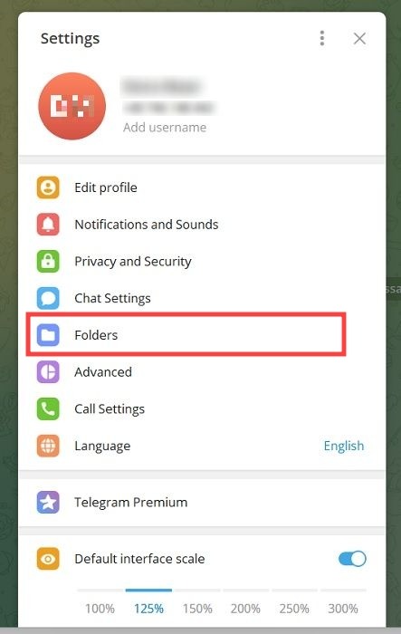 "Folders" option in Telegram for desktop.