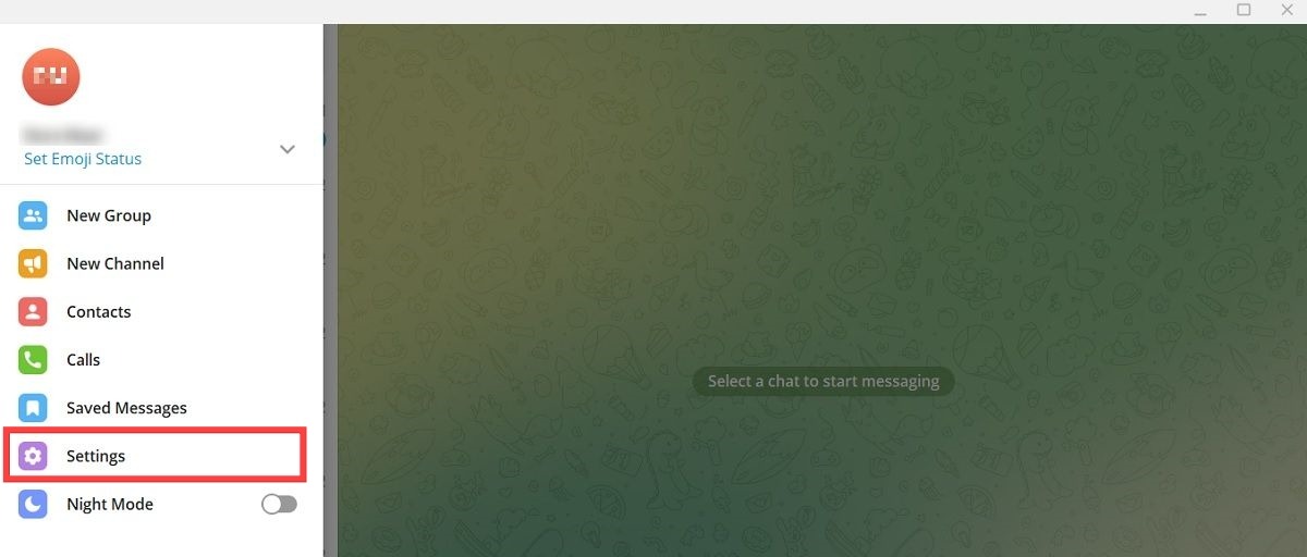 Selecting Settings in Telegram for desktop.