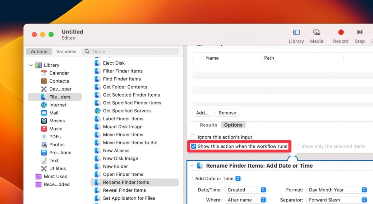 Check The Box Next To Show This Action When The Workflow Runs