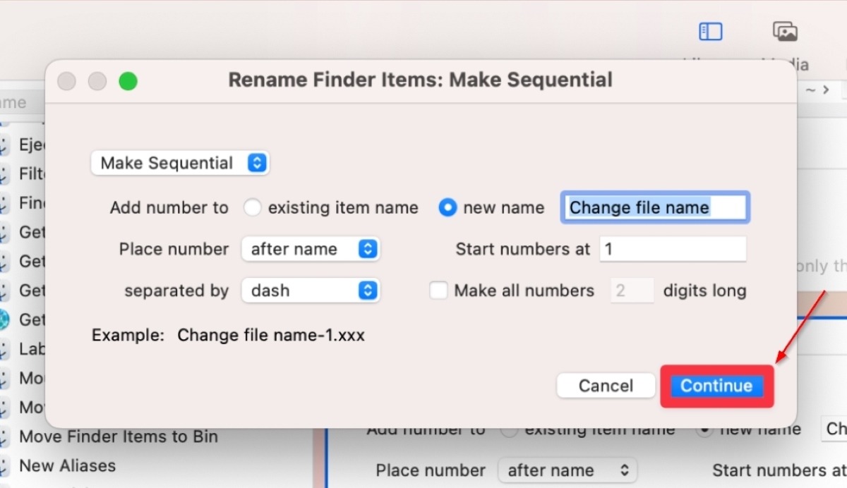 Click Continue To Proceed On The Rename Finder Items Dialog Box