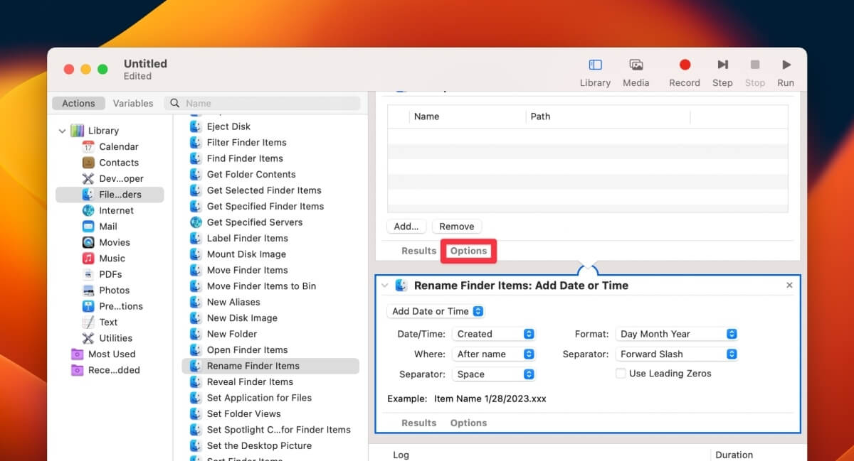 Click Options Located Below The Get Specified Finder Items Box