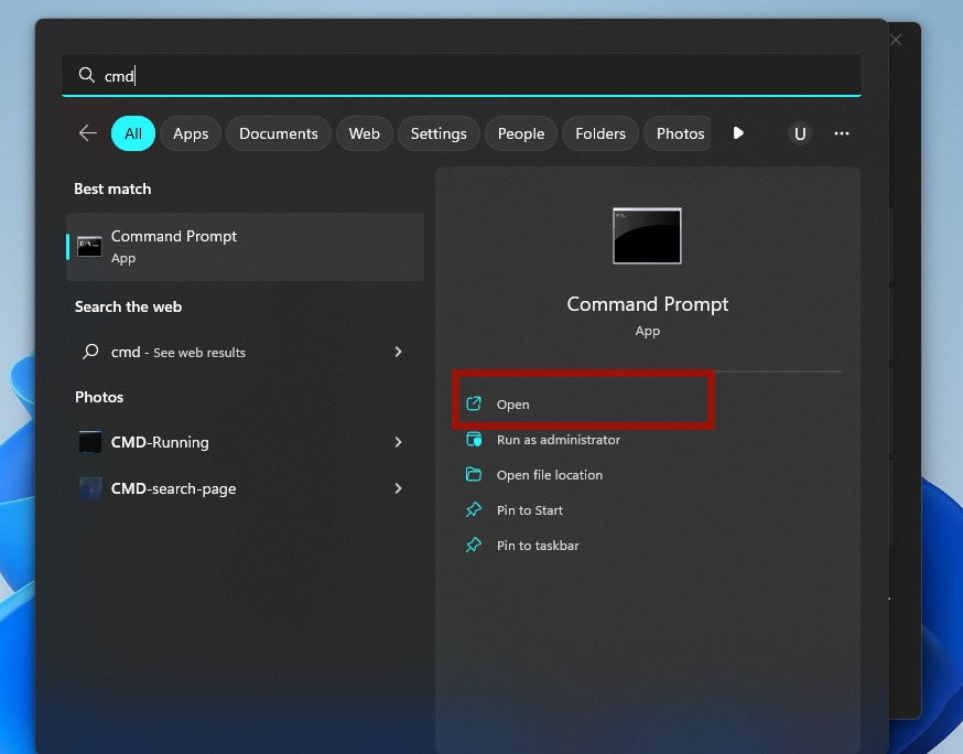 Typing "cmd" in Search in Windows. 
