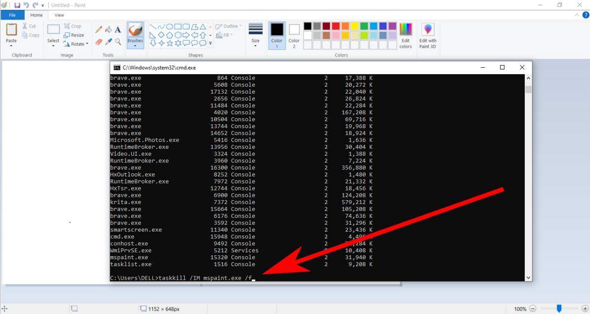 Writing 'taskkill" command in Command Prompt.