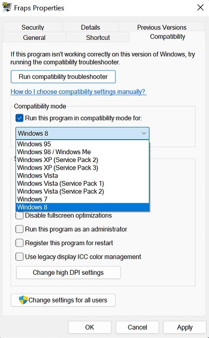 Selecting a Windows version to run an app in compatibility mode.