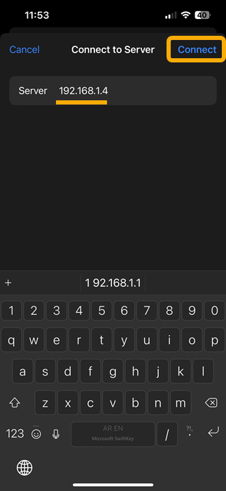 Connect to Server screen on iPhone.