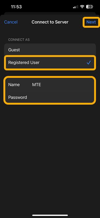 Selecting "Registered user" to connect to server on iPhone.