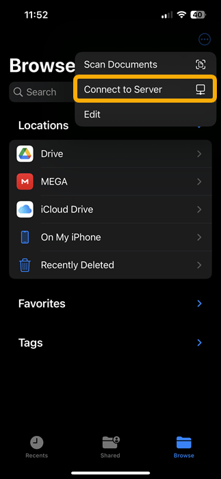 "Connect to Server" option in Files app on iPhone.