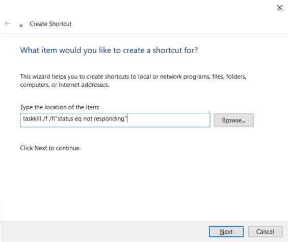 Typing link in "Create Shortcut" box.