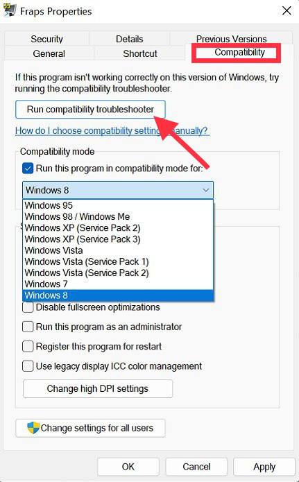 "Compatibility" window in app Properties.
