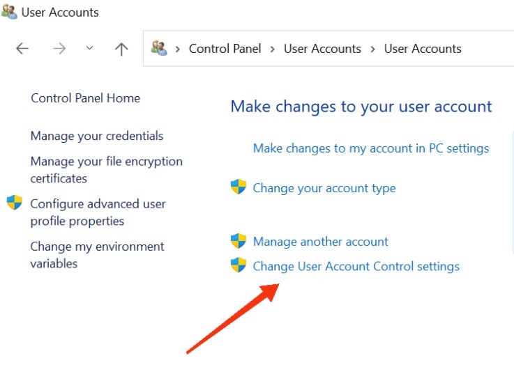 Clicking on "Change User Account Control settings" in Control Panel.