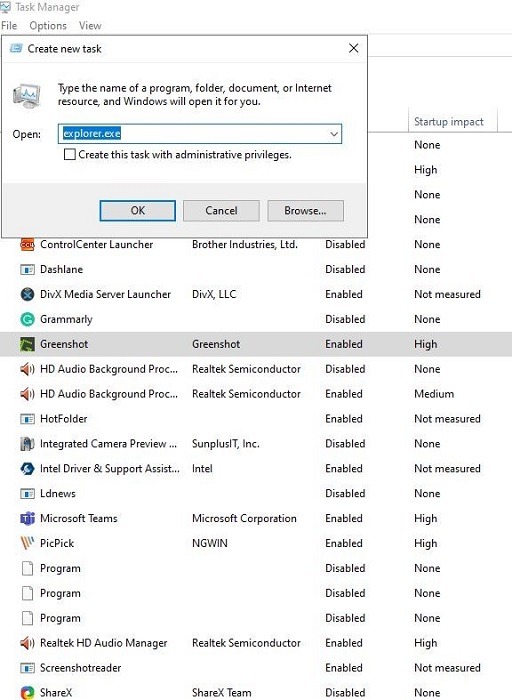 Typing "explorer.exe" in "Create new task" window.