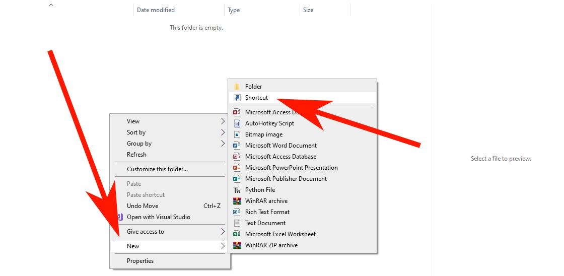 Creating a new app shortcut in File Explorer.