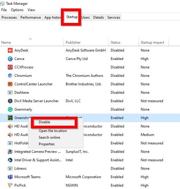 Disabling startup apps from Task Manager.