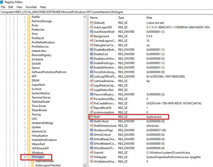 Opening Shell key in Registry Editor.