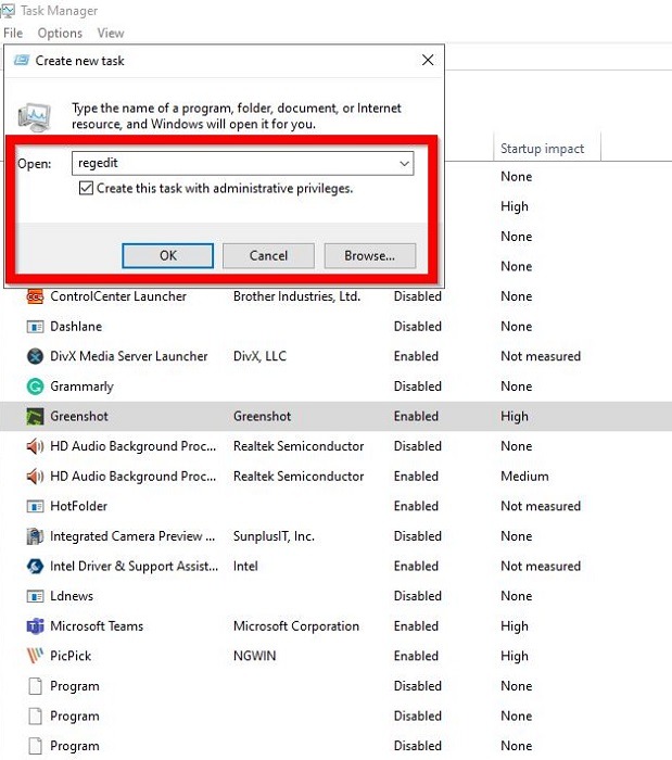Typing "regedit" in "Create new task" window. 