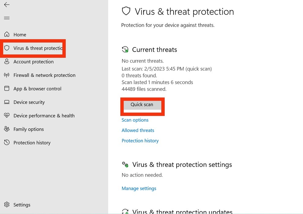 Pressing the "Quick scan" button under "Virus & threat protection."