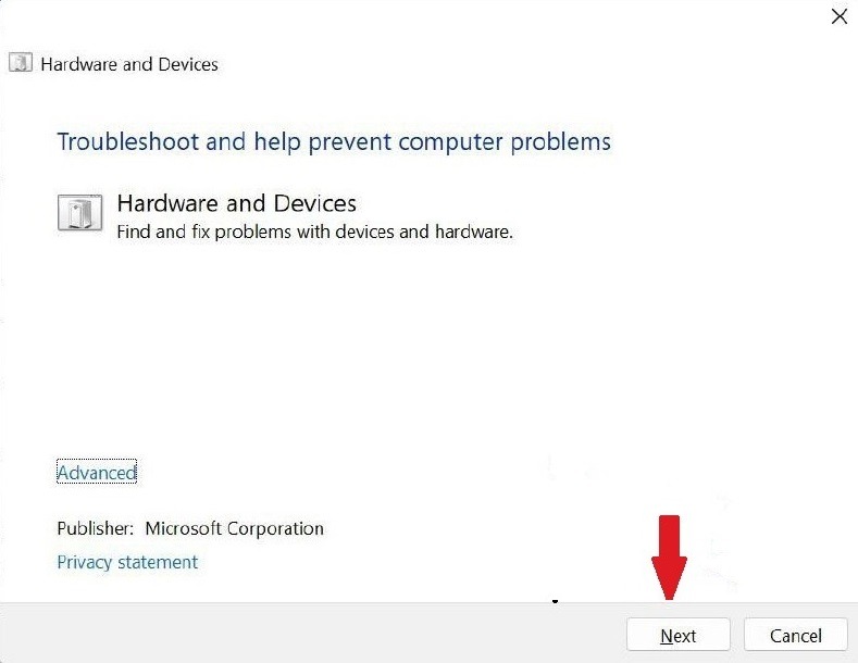 Running the Hardware and Device troubleshooter in Windows.