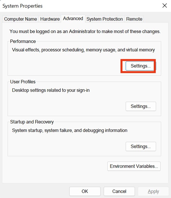 Clicking the 'Settings" button in the System Properties window.