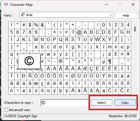 How To Insert The Copyright Symbol Character Window Select Copy