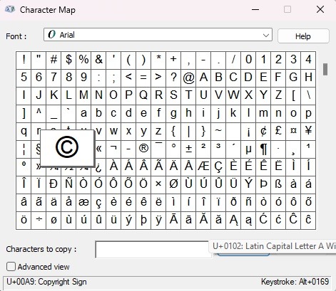 How To Insert The Copyright Symbol Character Window Select