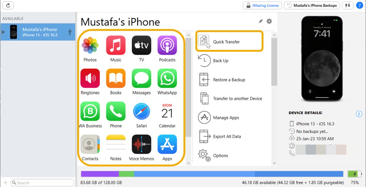 "Quick Transfer" option in the iMazing app.