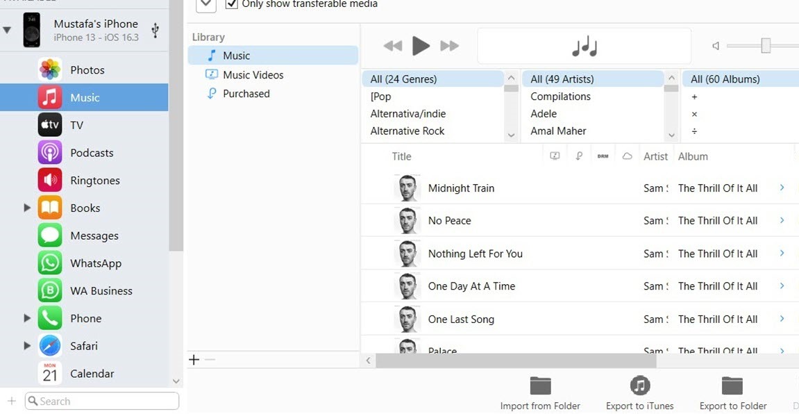"Music" folder view in iMazing app. 