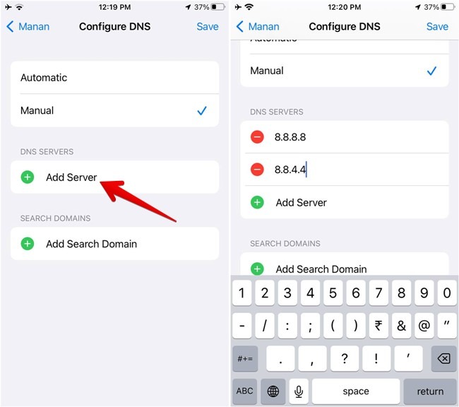 Adding new DNS server on iPhone.