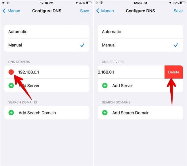 Deleting current "DNS Severs" on iPhone.