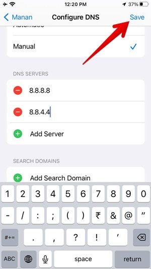 Saving new DNS settings on iPhone. 