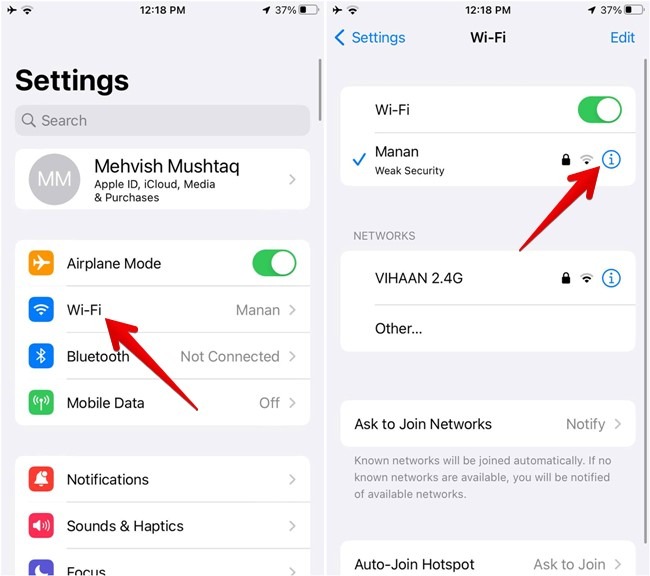 Accessing "Wi-Fi" options under Settings on iPhone.