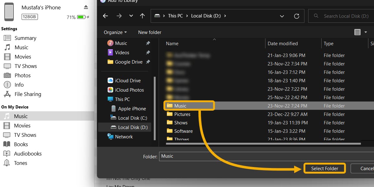 Folder selection in iTunes for Windows.