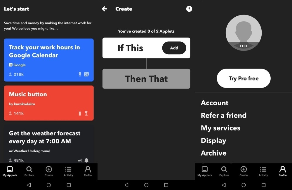 IFTTT app interface overview.