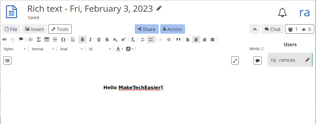 A basic Cryptpad Wordpad session.