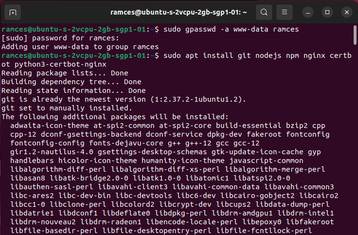 A terminal window showing the dependencies of Cryptpad.