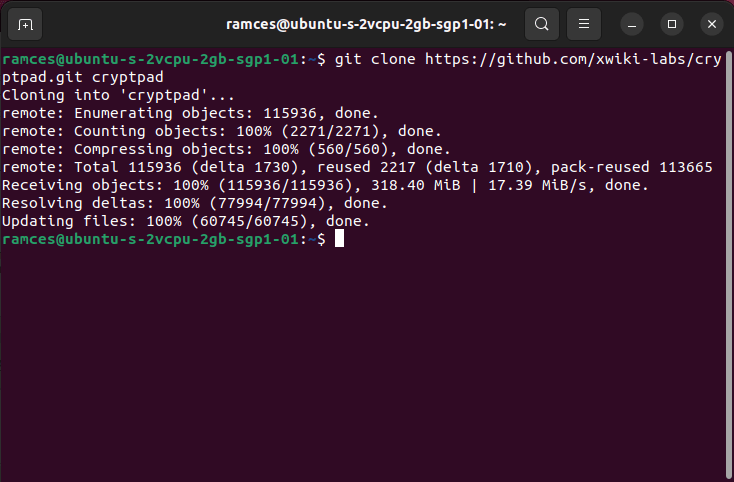 A terminal window showing a git clone.